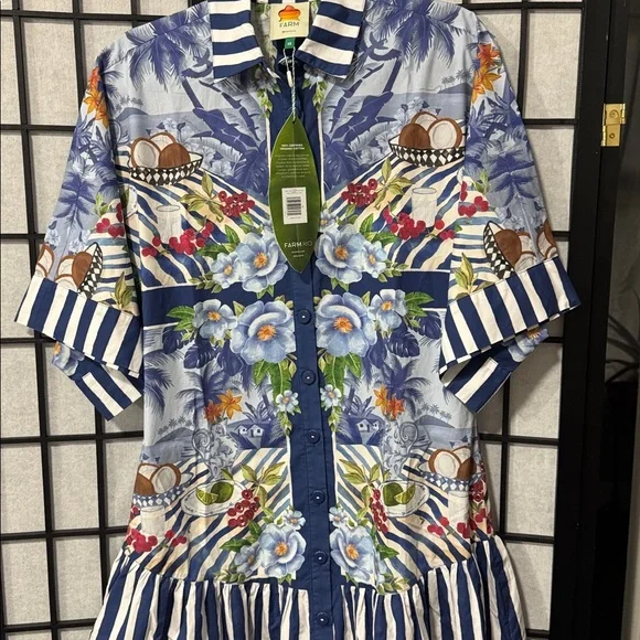 Farm Rio size XS Fresh Table Scarf Midi Dress Blue NWT No Belt - Picture 11 of 12